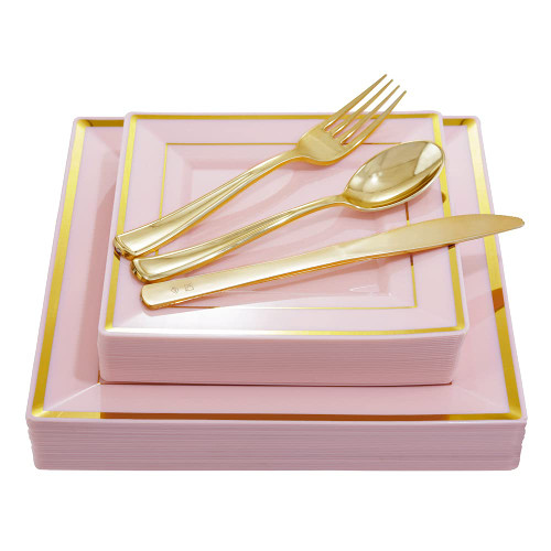 SUT 180 PCS Pink Plastic Plates, Gold Disposable Silverware, Plastic Pink and Gold Dinnerware, Includes: 30 Dinner Plates,30 Dessert Plates,30 Knives,30 Forks,30 Spoons, for Party&Shower