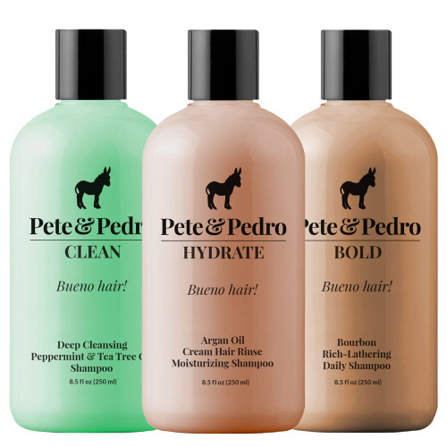 Pete & Pedro THREE-PETE SHAMPOO HAIRCARE SET - Clean Tea Tree Oil, Bold Bourbon-Scented, & Hydrate Argan Oil Shampoo Trio Kit | As Seen on Shark Tank, 8 oz. Each