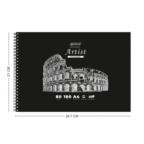 Sundaram | A4 Black Sketch Book | Spiral Bound (Wiro) | 80 Pages (40 Sheets) | 29.7 x 21.5 cm | Plain | Pack of 1 (A4)