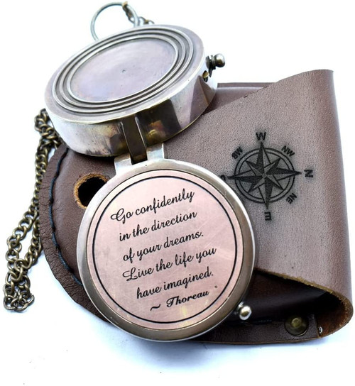 Go Confidently Nautical Engraved Brass Compass, with Leather Carry Case, with Chain Pirates Compass, Christmas Birthday Gift Compass Camping Compass