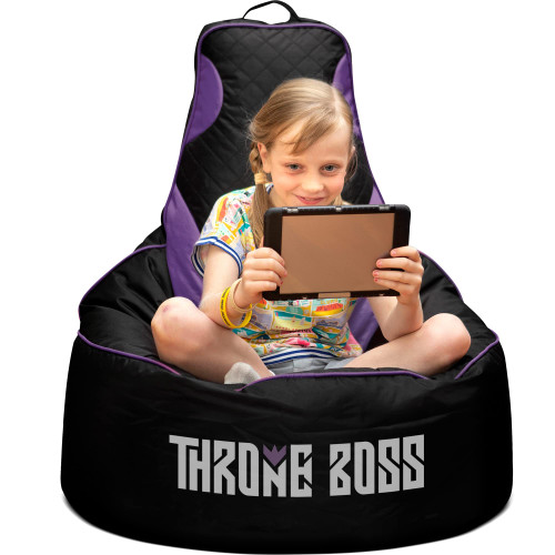 Throne Boss Gaming Bean Bag Chair Kids [Cover ONLY No Filling] with High Back - for Gaming Room - Low Gaming Chair on The Floor - Teens and Kids Bean Bag Chairs - Gamer Beanbag Chair (Black/Purple)