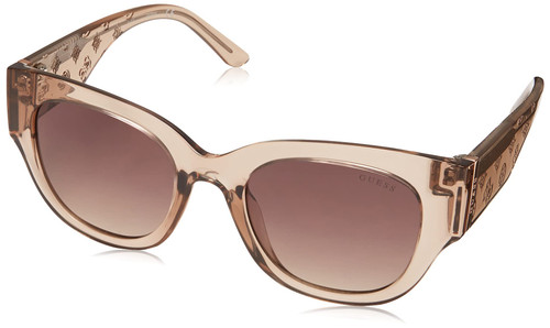 GUESS Women's Trendy Peony Pattern Accent Butterfly Sunglasses, Shiny Beige/Gradient Brown, 50mm