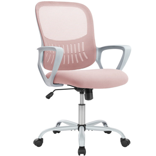 Sweetcrispy Office Computer Desk Managerial Executive Chair, Ergonomic Mid-Back Mesh Rolling Work Swivel Chairs with Wheels, Comfortable Lumbar Support, Comfy Arms for Home,Bedroom,Study,Student,Pink