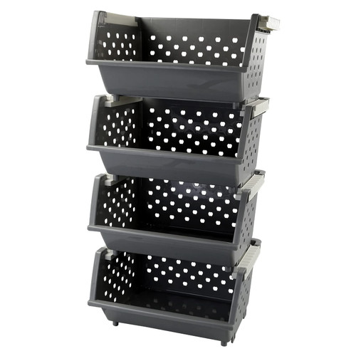 Zerdyne 4-Pack Plastic Stacking Storage Basket, Stackable Organizer Bin, Gray