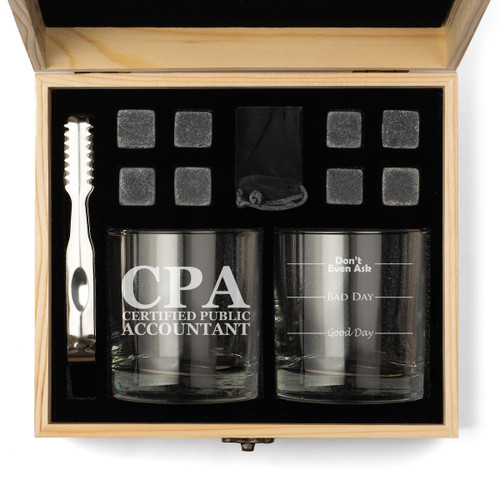 Whiskey Glass Gift Box Set with Whiskey Stones and 2 Rocks Glasses CPA Certified Public Accountant Good Day Bad Day Don't Even Ask Fill Lines Funny