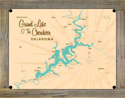 Art of Place Grand Lake O' The Cherokees Oklahoma Map Metal Print on Reclaimed Barn Wood from Illustration by Lakebound 8.5" x 11.5"