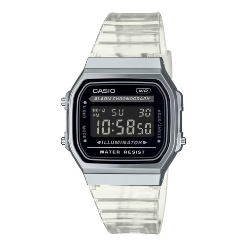 Casio A168XES-1BVT Unisex Vintage Transparent Band Black Dial Alarm Chronograph Illuminator Digital Watch