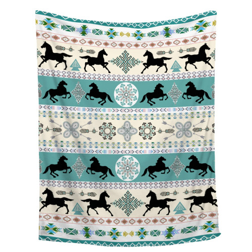Horse Blanket Aztec Native American Blnket,Horse Print Throw Blanket,Navajo Blanket Blue Indian Blanket Bed Blanket,Lightweight Cozy Flannel Blankets for Couch Bed Sofa Travel,Queen Size-60"x80"