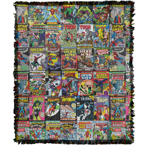 LOGOVISION Marvel Comic Blanket, 50"x60" Misc. Comic Collage Woven Tapestry Cotton Blend Fringed Throw