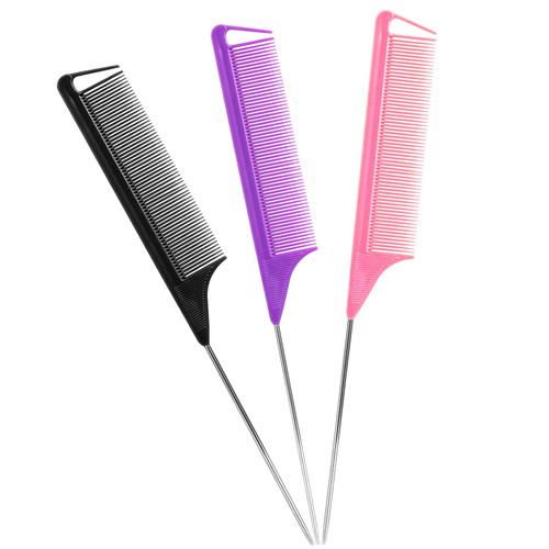 Rat Tail Combs Parting Comb: 3Pcs Rat Tail Comb Set, Long Steel Pin Rat Tail Teasing Comb, Hair Combs for Salon Hair Stylist, Tail Combs Metal,Parting Combs for Women(Purple|Black|Pink)