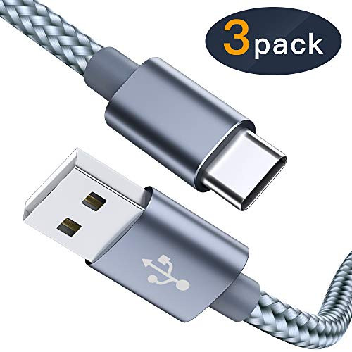 USB Type C Cable OULUOQI USB C Cable 3 Pack(6ft) Nylon Braided Fast Charger Cord(USB 2.0) Compatible with Samsung Galaxy S10 S9 Note 9 8 S8 Plus,LG V30 V20 G6 G5,Google Pixel(Grey)