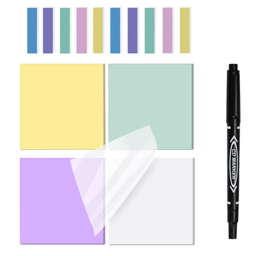 400 Sheets Transparent Sticky Notes, 3x3 inch Clear Sticky Notes Set, See Through Post It Notes for Annotation, Index Labels, Translucent Sticky Notes with Pen for Office School (Assorted Colors)