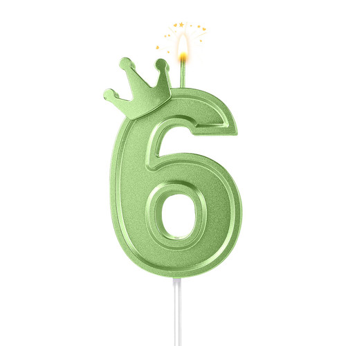 3inch Birthday Number Candle, 3D Candle Cake Topper with Crown Cake Numeral Candles Number Candles for Birthday Anniversary Parties (Green; 6)