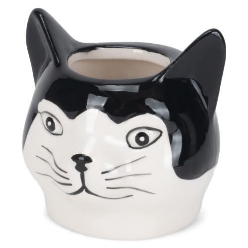 Napco Black White Cat Head 2.75 Inch Ceramic Flower Pot Planter
