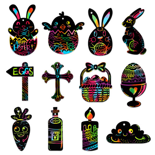 WhatSign Easter Crafts for Kids 24Pcs Easter Rainbow Scratch Cards Ornaments Easter Egg Bunny Scratch Art Paper Craft Kits Easter Crafts Activities for Kids Classroom Easter Party Favors Decorations