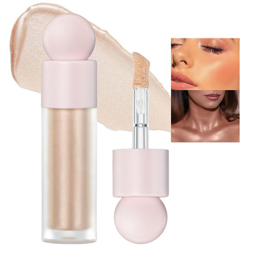 Liquid Highlighter,Cream Face Highlighter Bronzer Makeup Stick,with Cushion Applicator,Natural Glossy Finish,Lightweight Moisturizing Waterproof Blendable Face Body Illuminator Makeup,Cruelty-free