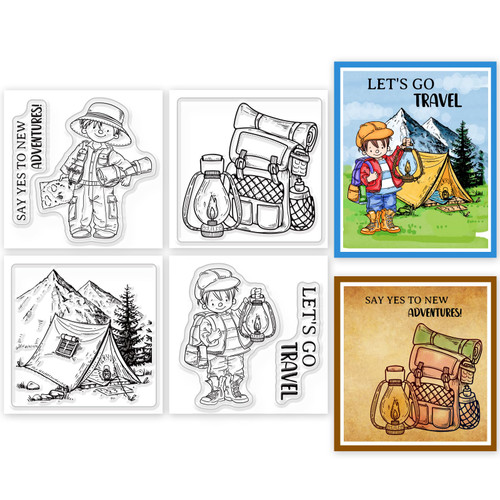 GLOBLELAND 4Pcs Mini Camping Adventure Clear Stamps for DIY Scrapbooking Mini Backpack Tent Silicone Clear Stamp Seals Transparent Stamps for Cards Making Photo Album Journal Home Decoration