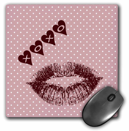 3dRose LLC 8 x 8 x 0.25 Inches Mouse Pad, Pink Polka Dots Girly XOXO Lips Kiss (mp_164679_1)