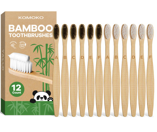 Komoko Bamboo Toothbrushes (12 Count), Biodegradable Toothbrushes, BPA Free Travel Toothbrush, Soft Bristle Toothbrush, Eco-Friendly, Green and Compostable Natural Wooden Toothbrush