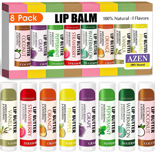 AZEN 8 Pack Lip Balm, Natural Lip Balm Bulk, Lip Care Product, Moisturizing Lip Balm for dry cracked lips AZEN 8 Pack Lip Balm, Natural Lip Balm Bulk, Lip Care Product, Moisturizing Lip Balm for dry cracked lips