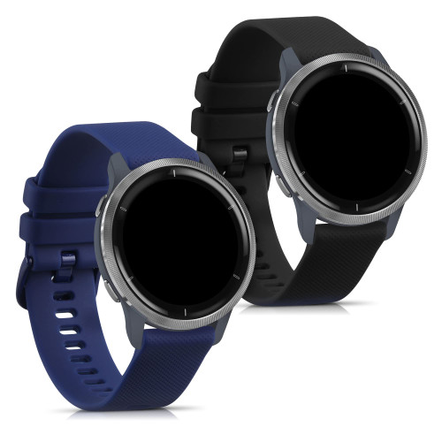 kwmobile Straps Compatible with Garmin Venu Straps - 2x Replacement Silicone Watch Bands - Black/Dark Blue