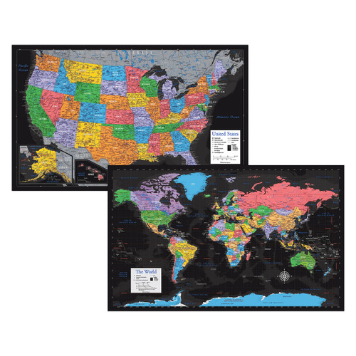 2 Pack - Laminated World Map & US Map Poster Set - Wall Chart Map of the World & United States - Made in the USA [Black]