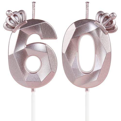 Number 60 Candles with Crown, 60th Birthday Candles, Rose Gold Birthday Candles for Cake, 3D Design Cake Topper for Birthday Party Wedding Anniversary Celebration Decorations Supplies
