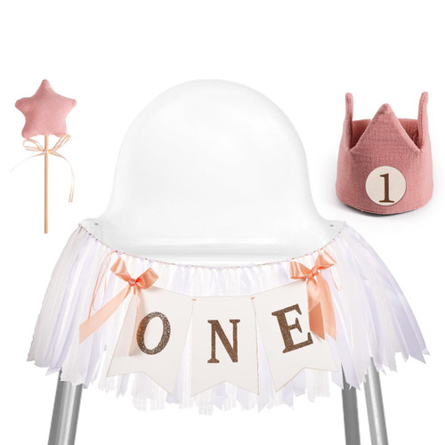 1st Birthday Girl Decoration Set, Cute Highchair Banner 1st Birthday Girl with Pink Birthday Hat & Magic Wand First Birthday Banner High Chair for Girls