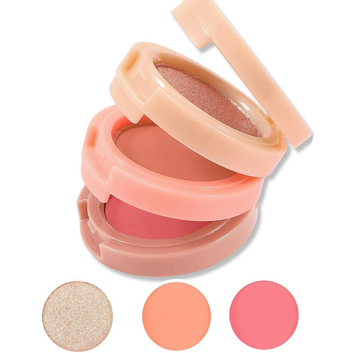 Blush and Highlighter Palette, 3 In 1 Blush Highlighter Palette, Blush and Highlighter for Women Girls, Powder Blush Palette Glitter Eyeshadow Makeup, Travel Size Pink Blush Palette for Cheek