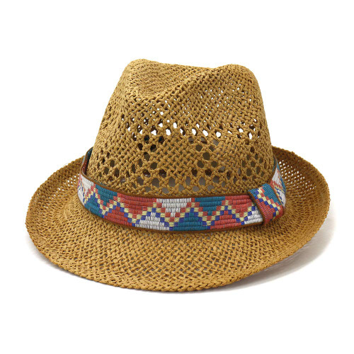 Mens Womens Straw Fedora Hats Summer Outdoor Hollow Western Cowboy Sun Hat Breathable Beach Gangster Jazz Panama Cap Khaki