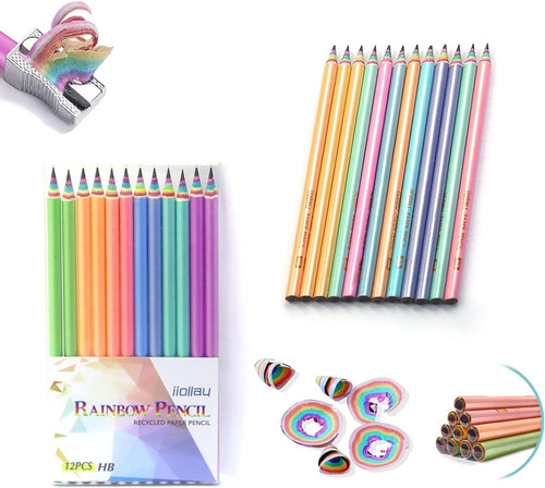 iiollau 12PCS Rainbow Paper Pencils for school and office Eco-friendly Wood & Plastic Free Pencils with Erasers Toppers 2 HB Pencil Multi-color Graphite Pencils