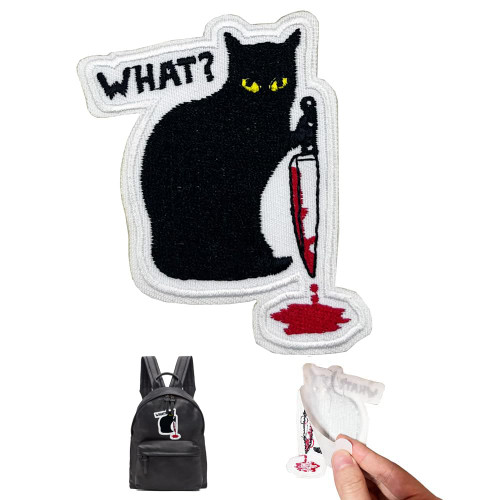 Halloween Black Cat with Knife Self-adhesive Embroidered Iron On Patch, Funny Cute Patch
