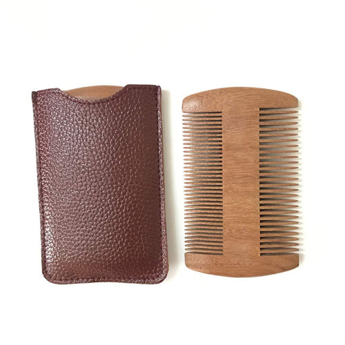 Wooden Beard Comb with PU Leather Case Pocket Beard Comb Fine & Coarse Teeth for Men Beards & Mustaches Grooming