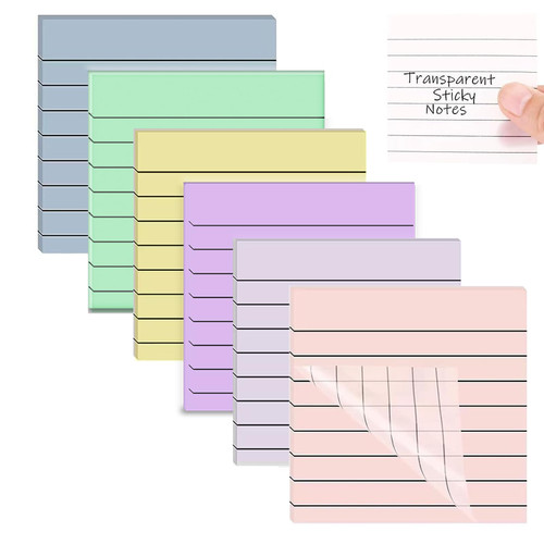 Transparent Sticky Notes Pastel 300Pcs, Clear Sticky Notes with Lined 3x3 inch Translucent Sticky Notes Waterproof Aesthetic School Study Supplies (Morandi, with Lines)