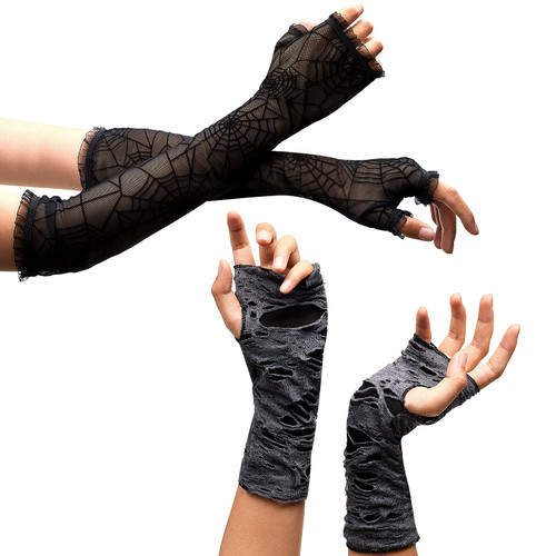 Zhanmai 2 Pairs Women Grunge Glove Goth Punk Fingerless Glove Halloween Spider Web Gloves Cosplay Ripped Gloves for Halloween Costume Party