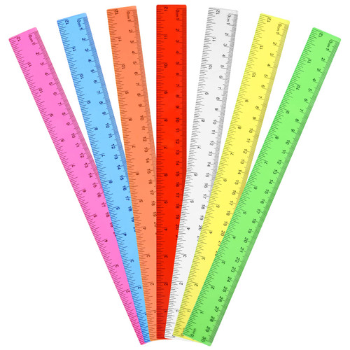 Unjoo Clear Plastic Ruler 12 Inch Straight Ruler, Bulk Assorted Colors, Shatterproof Ruler with Inches and Centimeters for School Classroom, Home, or Office (7 Pack)