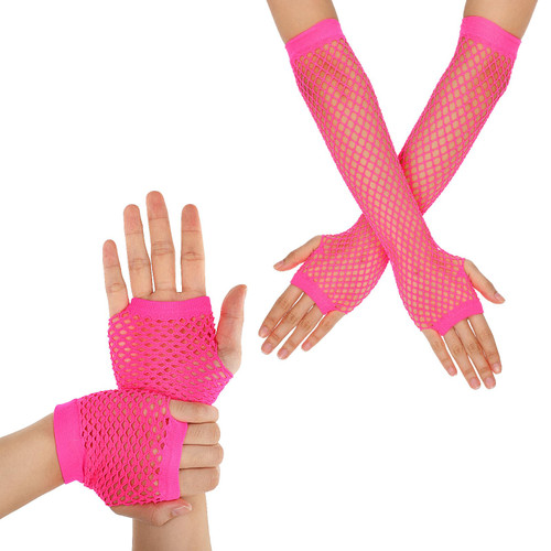 2 Pairs Long Fingerless Fishnet Gloves Fingerless Short Fishnet Gloves Fishnet Mesh Fingerless Gloves 80s 90s Party Costume Accessories for Women and Girls (Rose Red)
