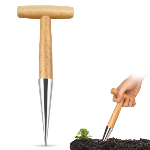 Milifox 11 inch Garden Hand Dibber, Stainless Steel Sow Dibbler with Wood Handle, Bulb Planter Tool for Gardening, Seed Planter Tool for Sowing Seeds, Planting Bulbs, Digging, Gardening