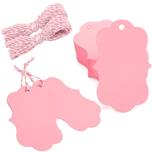 G2PLUS Blank Gift Tags with String, 100PCS Kraft Paper Hang Tags, Pink Present Tags,Wedding Favor Tags, Hanging Price Tags for Arts & Crafts, Gift Wrapping, Christmas, Valentine (3.54''x 2.4'')