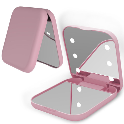 Pocket Mirror for Girl, 1X/3X Magnification Compact Travel Makeup Vanity Mirror with Led Lights, Purse Mirror, Folding Handheld Double-Sided Mirror, Small Lighted Portable Mirror for Gift, Pink