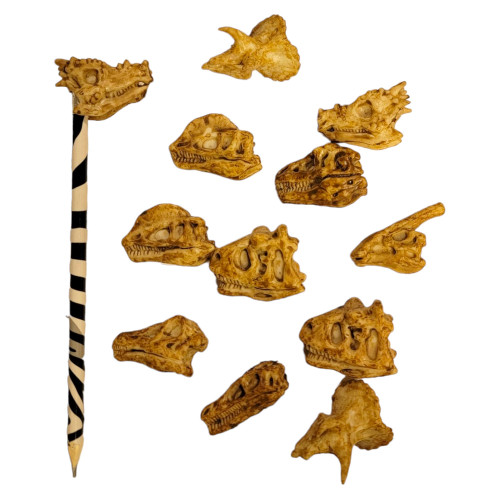 Dinosaur Heads Fossil Pencil Tops - 12 Pack. (2") Ancient Aged Look. Rubber. Dino Toppers. Party Favors, Classroom School Student Incentives Back to School for Kids. (12)