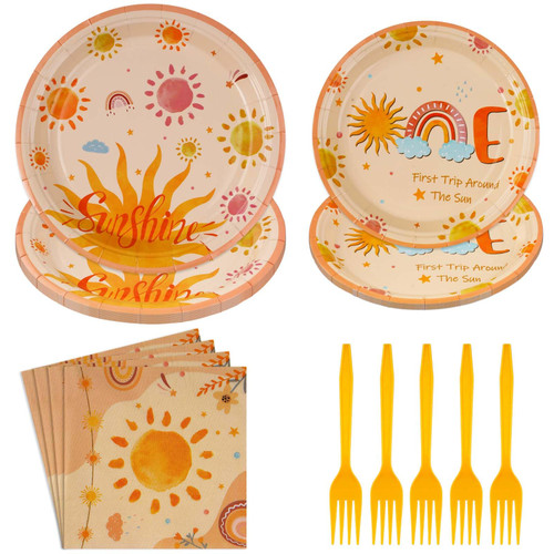 96Pcs First Trip Around The Sun Birthday Decorations Boho Sun 1st Birthday Party Supplies One Sun Plates, Napkins, Forks for Sunshine Baby Shower Sun Theme Party, Serves 24