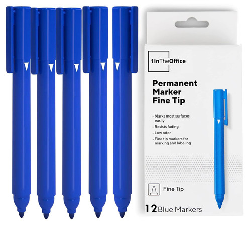 1InTheOffice Blue Permanent Markers, Fine Tip Marker, Permanent Markers Water Resistant, Blue, 12/Pack