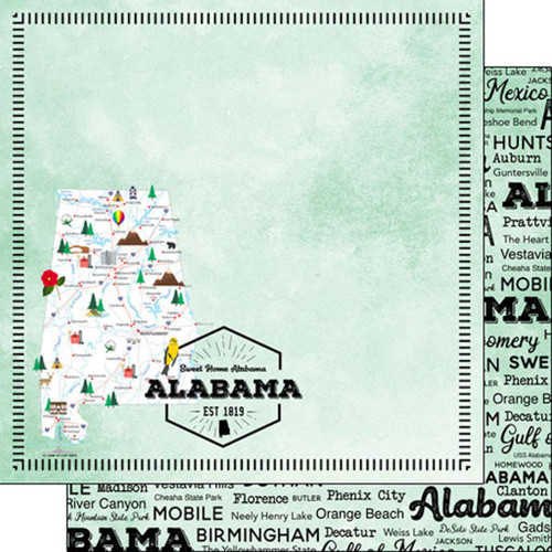 Scrapbook Customs 39422 Alabama Postage Map 12" x 12" Double-Sided Scrapbook Paper - 1 Sheet