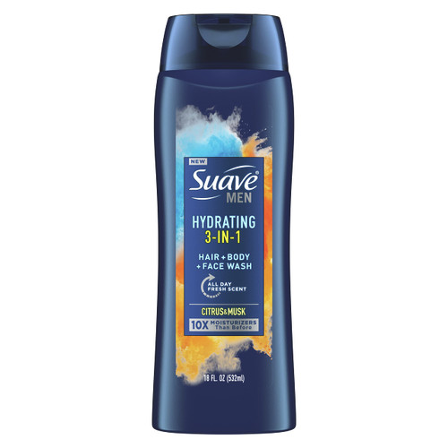Suave Men 3 in 1 Mens Body Wash, Body Soap for Hydrated Skin and Hair, Hair, Face and Body Wash, With an All day Fresh Scent 18 oz