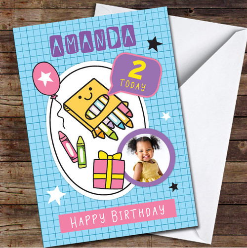 2nd Crayon Photo color Art Pencil Arty Blue Purple Any Age Birthday Card, Personalized Special Birthday Card,2nd, Birthday, Birthday Card, Special Ages, 2nd, Custom Greetings Card