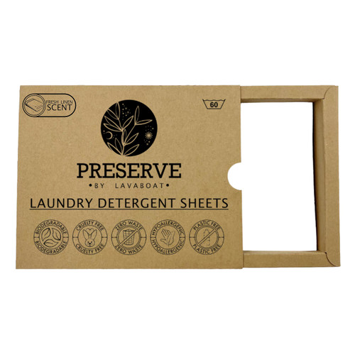 Preserve Eco Friendly Laundry Detergent Sheets by LavaBoat - Ultra Concentrated Strips, Plastic Free, Zero Waste, Biodegradable Packaging, Cruelty Free, Hypoallergenic Soap, Paraben Free, Phosphate Free, and Non-Toxic - 60 Loads (Natural Fresh Linen)