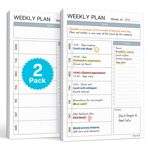 Dunwell Weekly Planner Pads 5.5x8.5, 2-Pack, Each with 54 Tear-Off Pages, Small To Do List Planner, Weekly Schedule Planner Pad, Undated Weekly Planning Desk Pad with To Do List, Goals, Notes