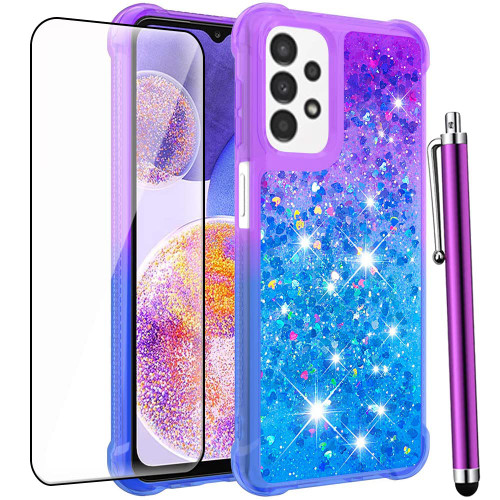 CAIYUNL for Samsung A23 Case with Screen Protector,Galaxy A23 Case Glitter Bling Floating Liquid Sparkle Soft TPU Cute Shockproof Protective Women Girls Phone Cover for Samsung Galaxy A23 -Purple/Blue