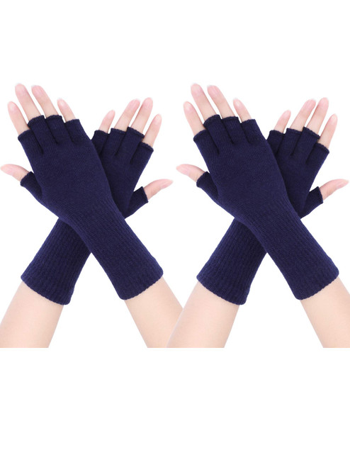 2 Pairs Unisex Fingerless Gloves Half Finger Stretchy Knit Gloves Lengthen Wrist Mittens Winter Warm Gloves (Navy Blue)